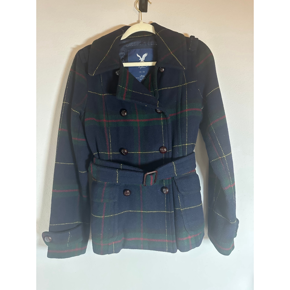 American Eagle Outfitters Plaid Wool Blend Belted Peacoat Women’s M Vintage Y2K